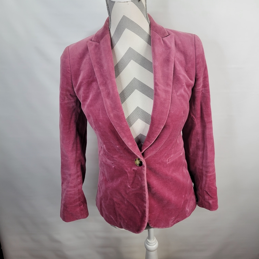 J Crew Dusty Pink Velvet Fitted 1 Button Jacket Cute Striped Lining Size 0 P